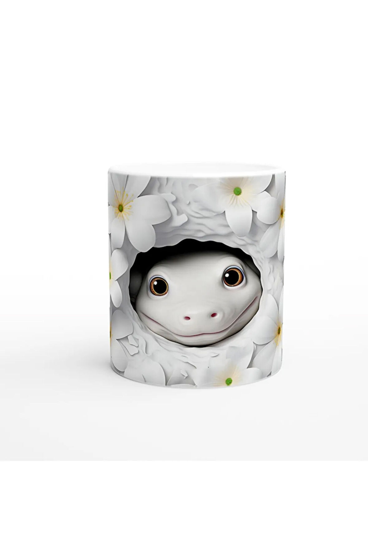 Beyaz Çiçekler Arasında Sevimli Semender Temalı Baskılı Kupa Bardak