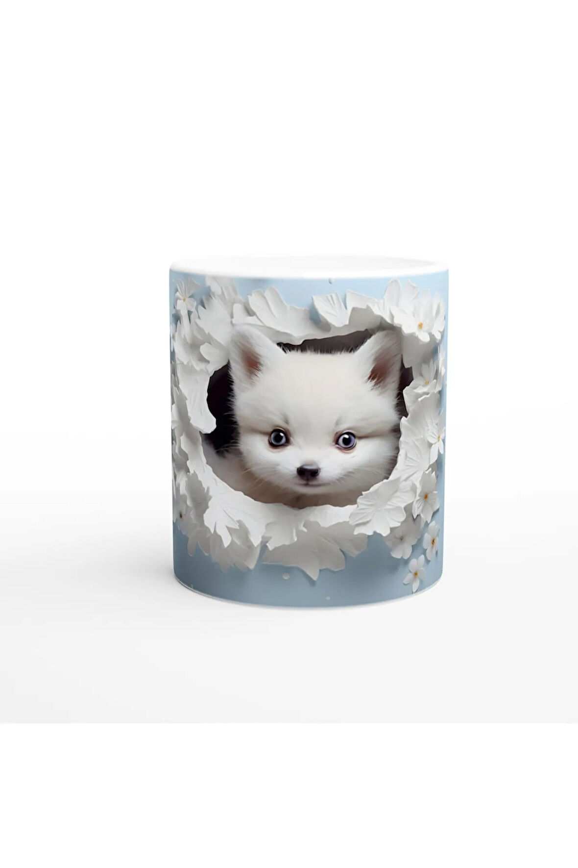 Çiçeklerle Çevrili Masum Pomeranian Temalı Baskılı Kupa Bardak