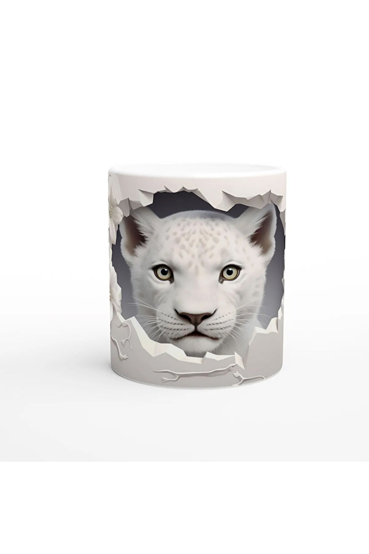 Kırık Duvar Ardındaki Beyaz Leopar Temalı Baskılı Kupa Bardak