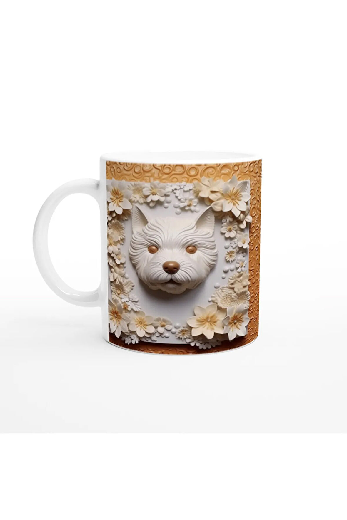 Kabartma Çiçek Çerçeveli Şirin Köpek Temalı Baskılı Kupa Bardak