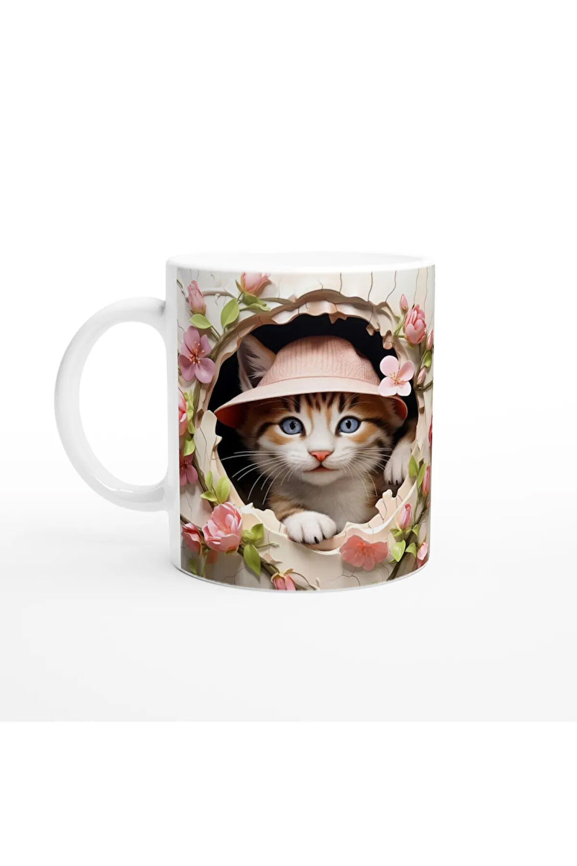 Çatlak Duvardan Bakan Şapkalı Kedi Temalı Baskılı Kupa Bardak