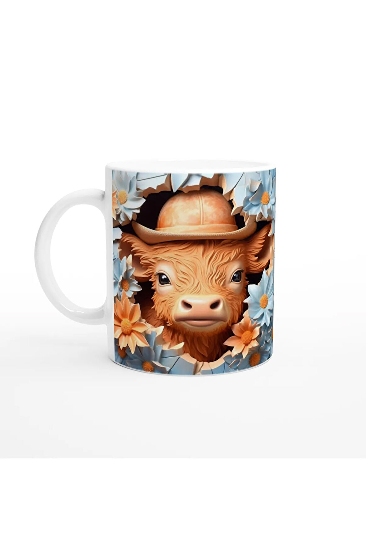 Şapkalı Sevimli Buzağı ve Çiçekler Temalı Baskılı Kupa Bardak