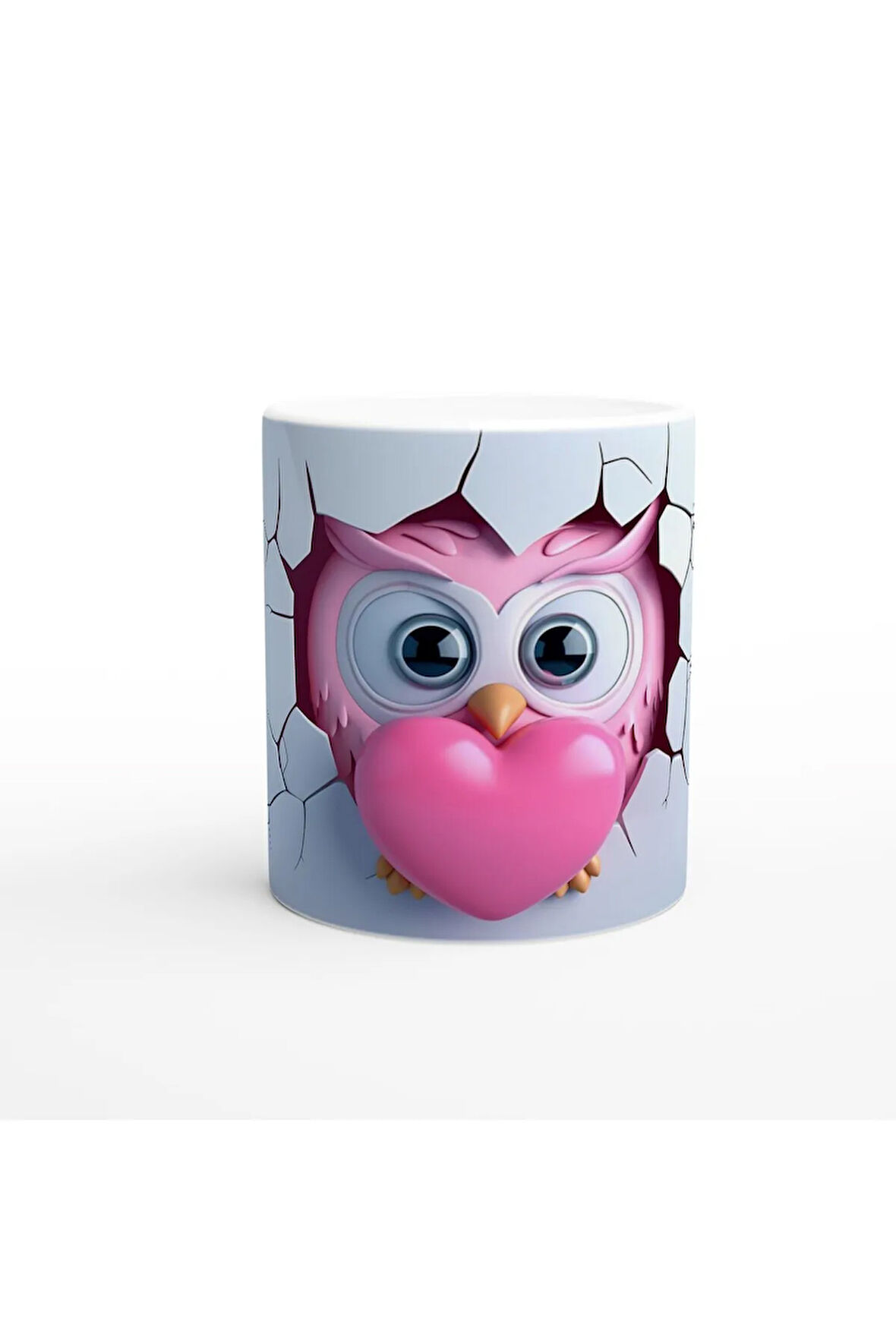 Pembe Kalp Tutan Baykuş Temalı Baskılı Kupa Bardak