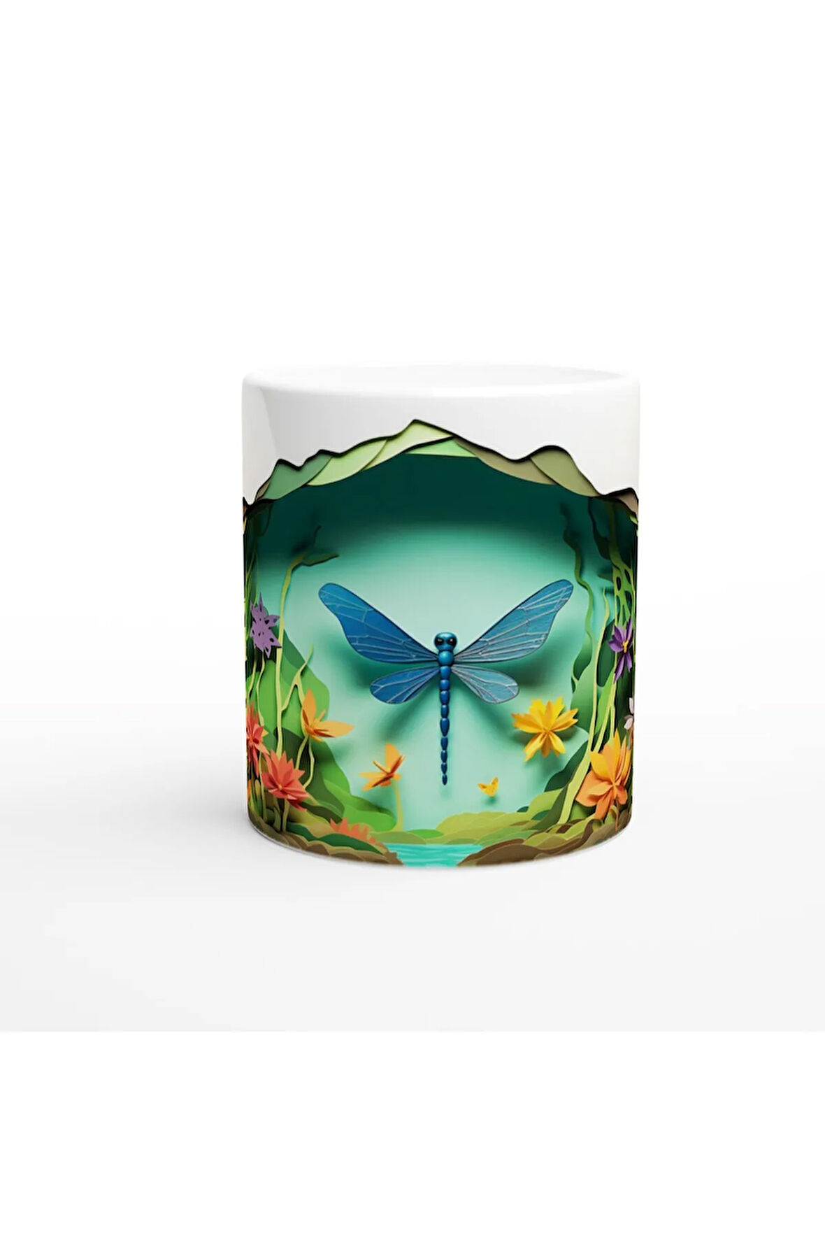Çiçekli Vadi Üzerinde Uçan Mavi Yusufçuk Temalı Baskılı Kupa Bardak
