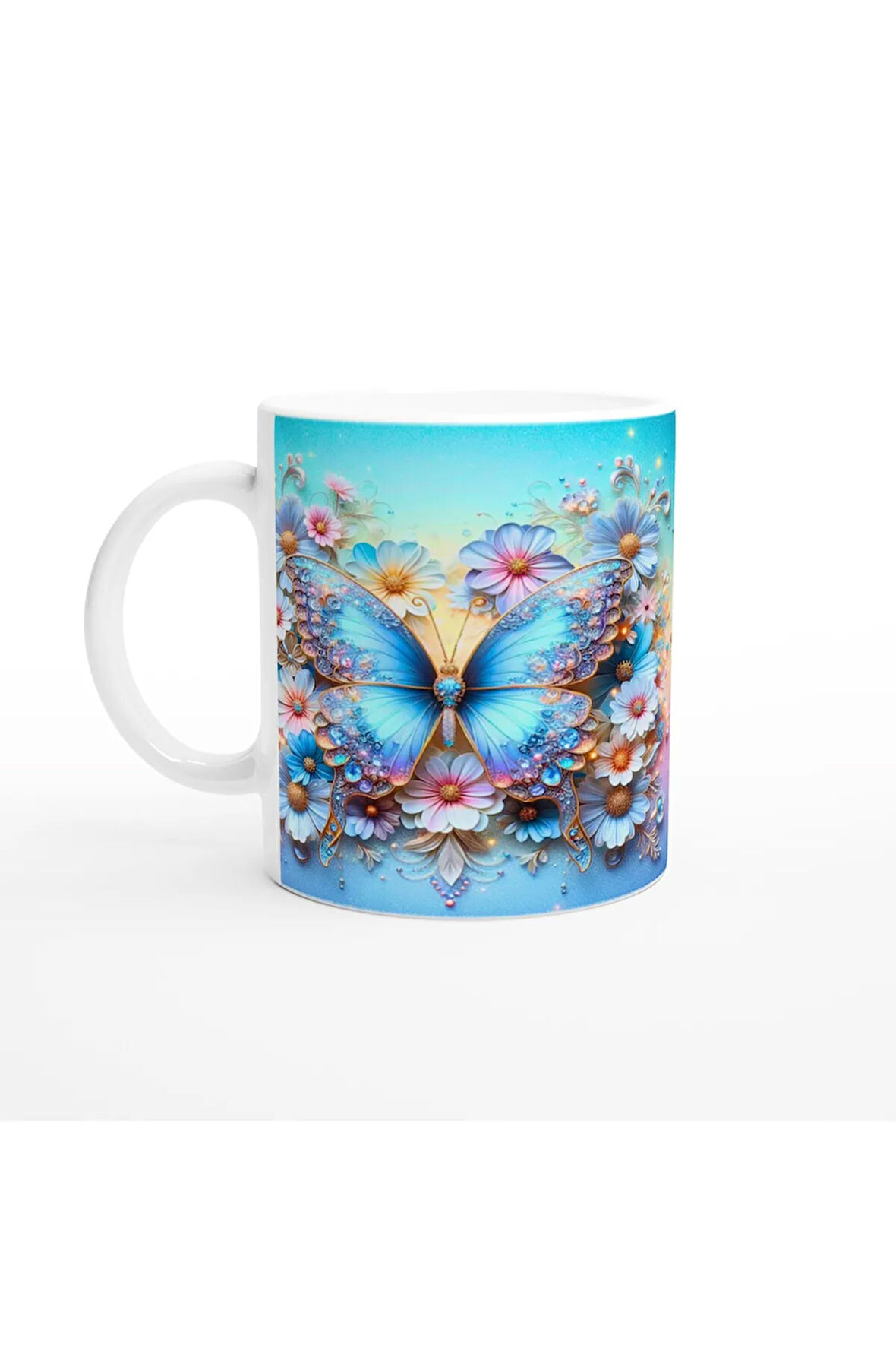 Mavi Işıltılı Kelebek ve Çiçekler Temalı Baskılı Kupa Bardak