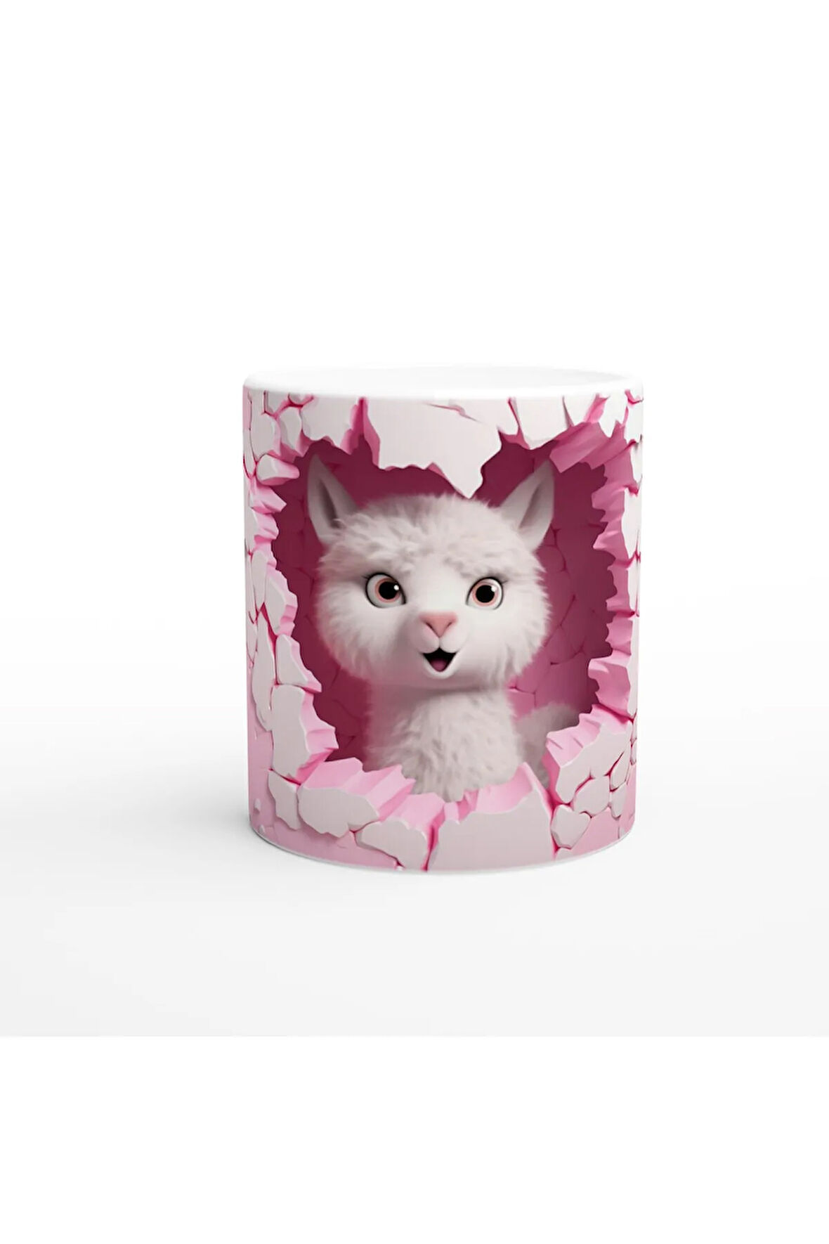 Pembe Duvarı Yırtan Sevimli Lama Temalı Baskılı Kupa Bardak