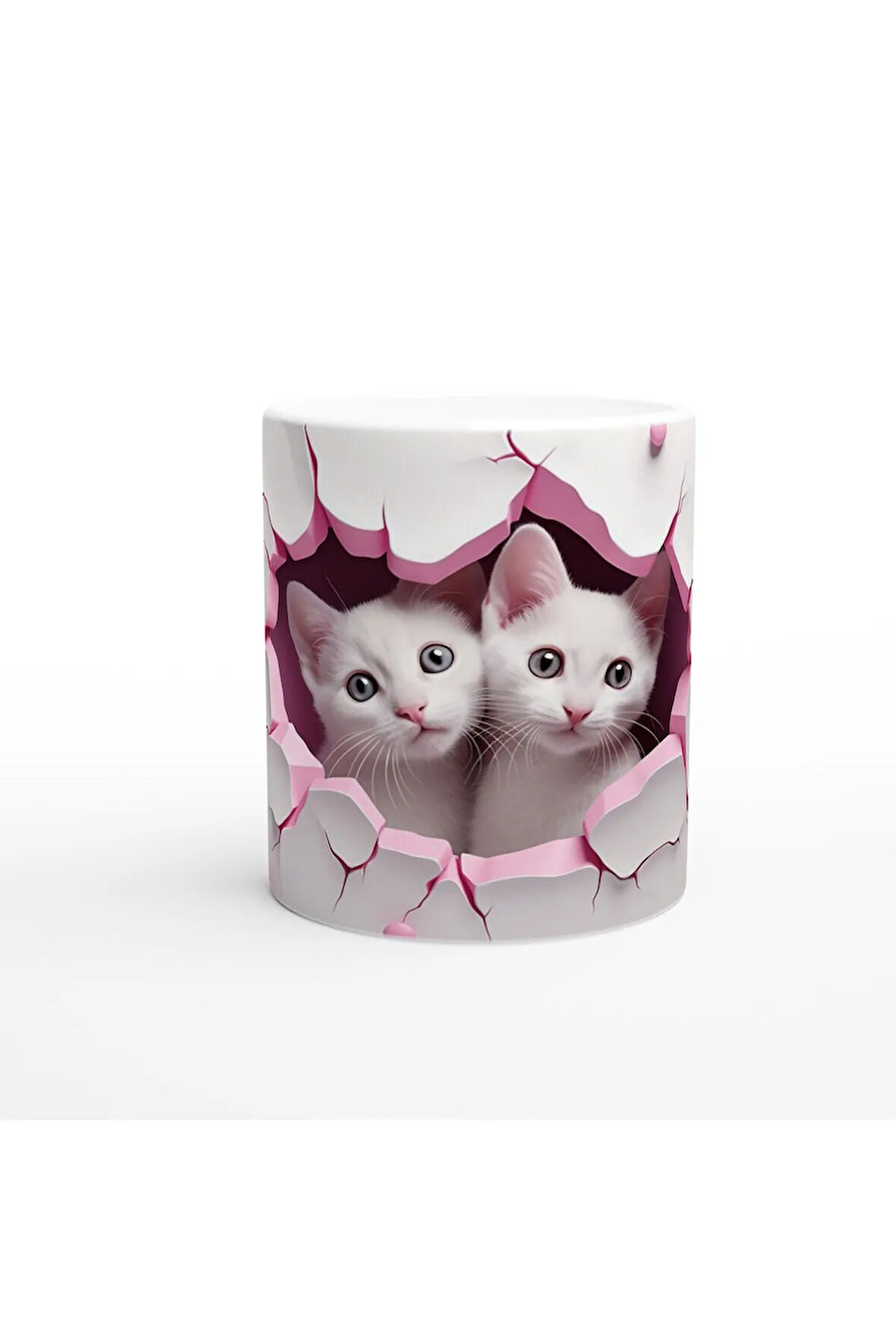 Pembe Çatlak Duvardan Bakan İki Beyaz Kedi Temalı Baskılı Kupa Bardak