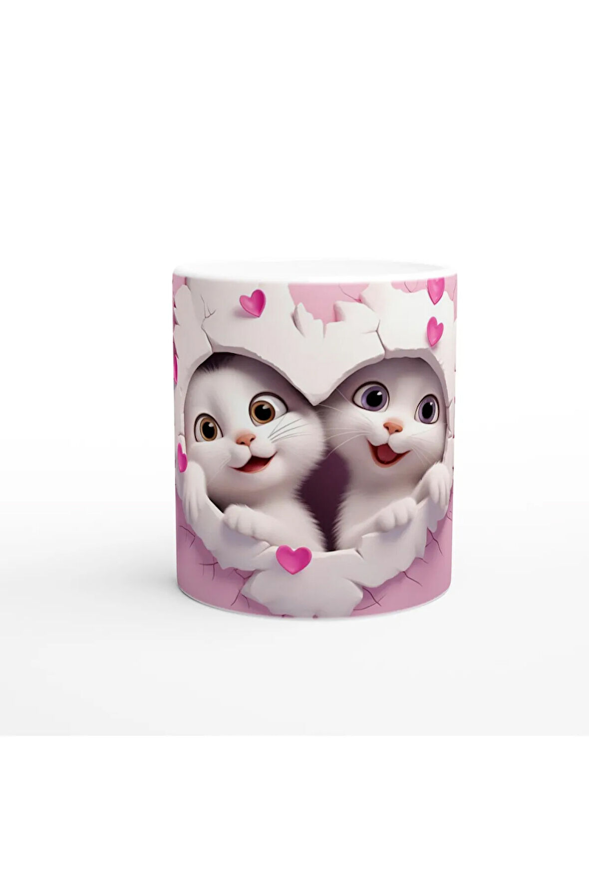 Kalp Çatlaktan Bakan Neşeli Kedi Çifti Temalı Baskılı Kupa Bardak