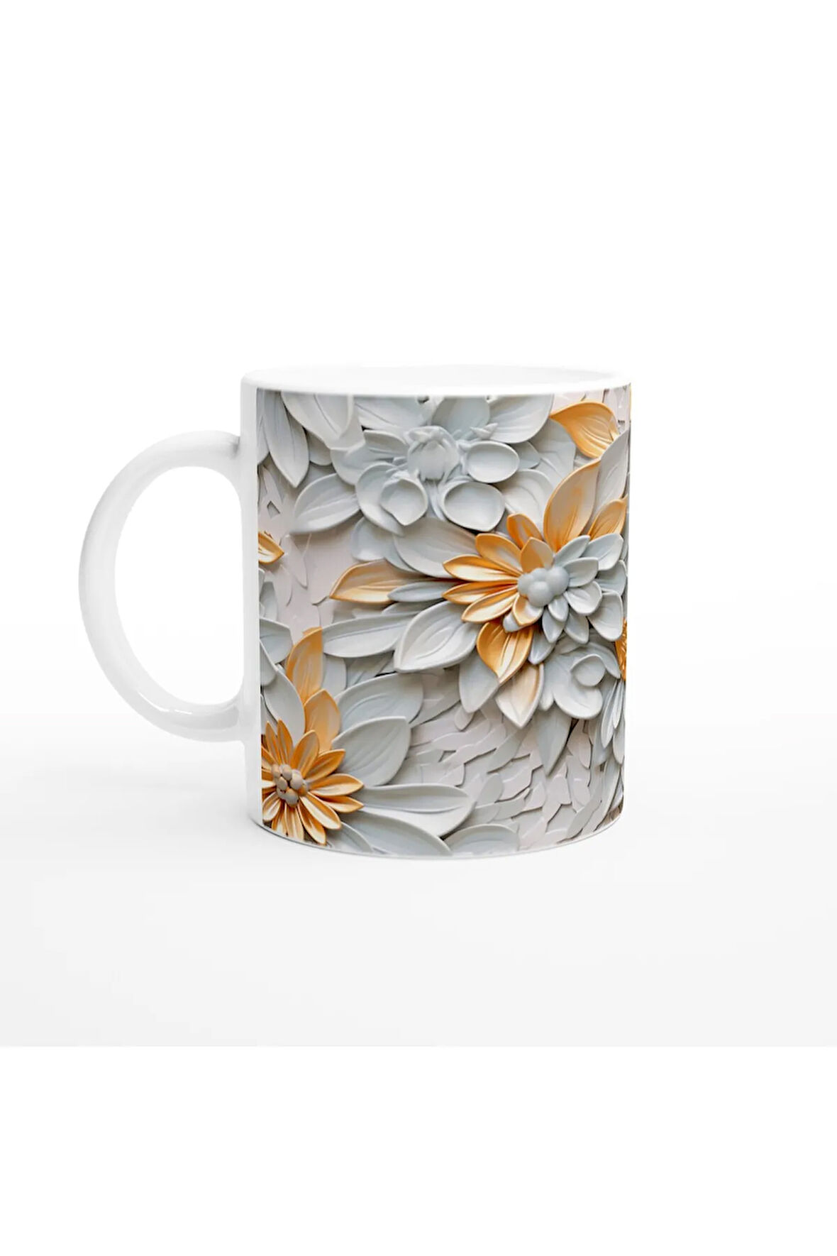 Beyaz ve Altın Detaylı Lüks Çiçek Desenli Kupa Bardak