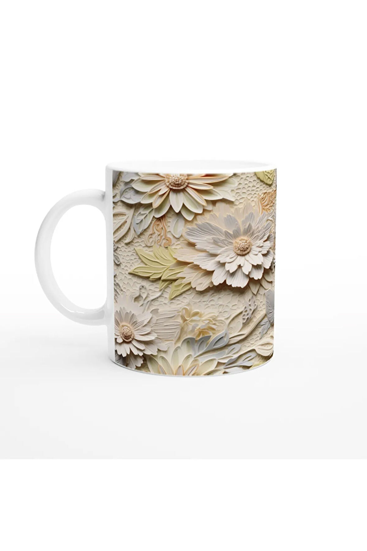 Krem Rölyef Çiçek Dokulu Kupa Bardak