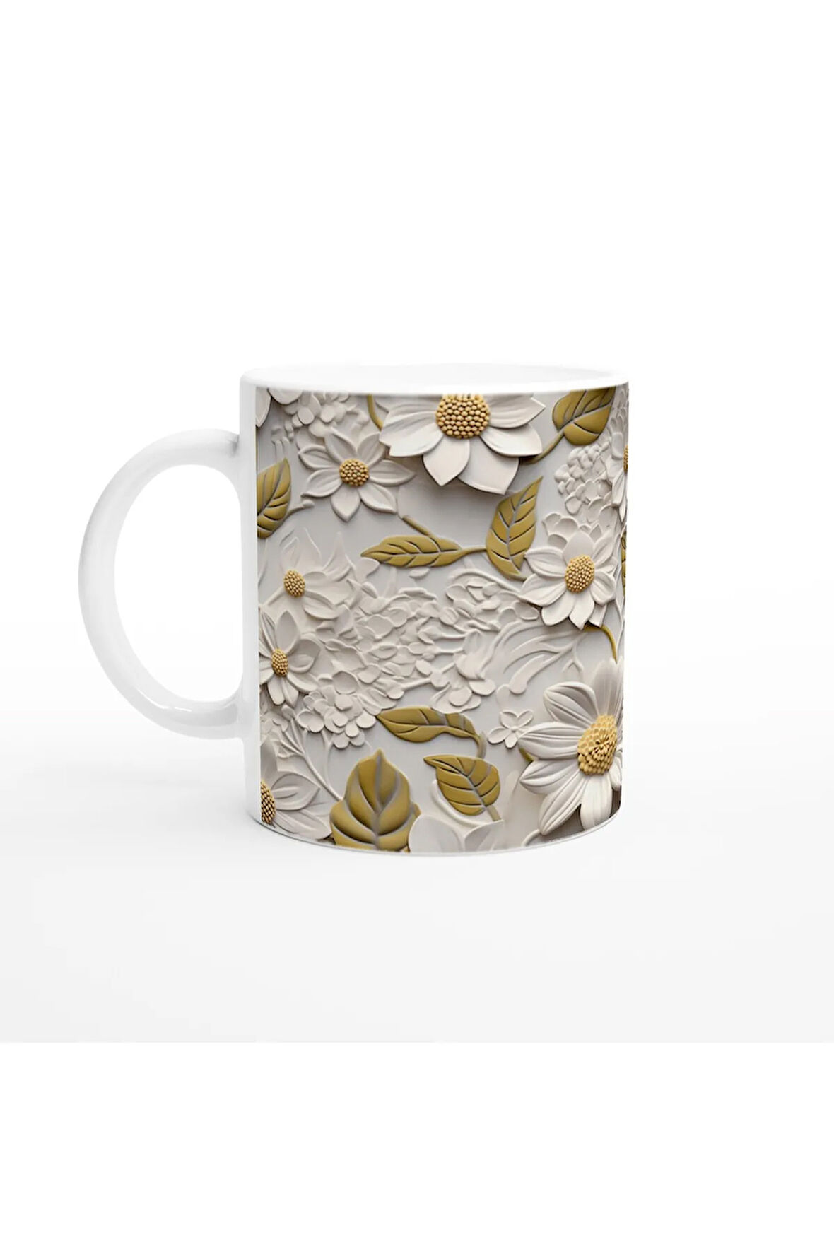 Krem ve Hardal Tonlarında Zarif Çiçek Dokulu Kupa Bardak