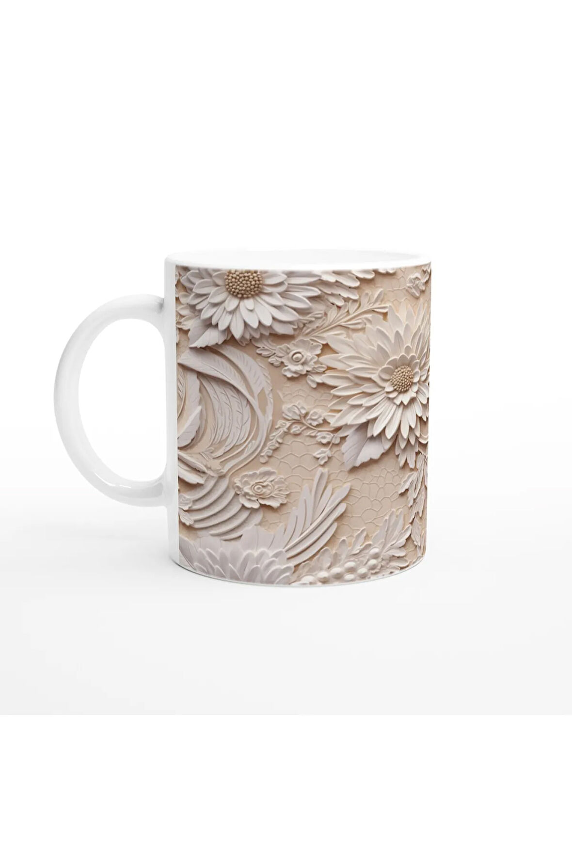 Bej Zemin Üzerine Rölyef Dantelli Çiçekli Kupa Bardak