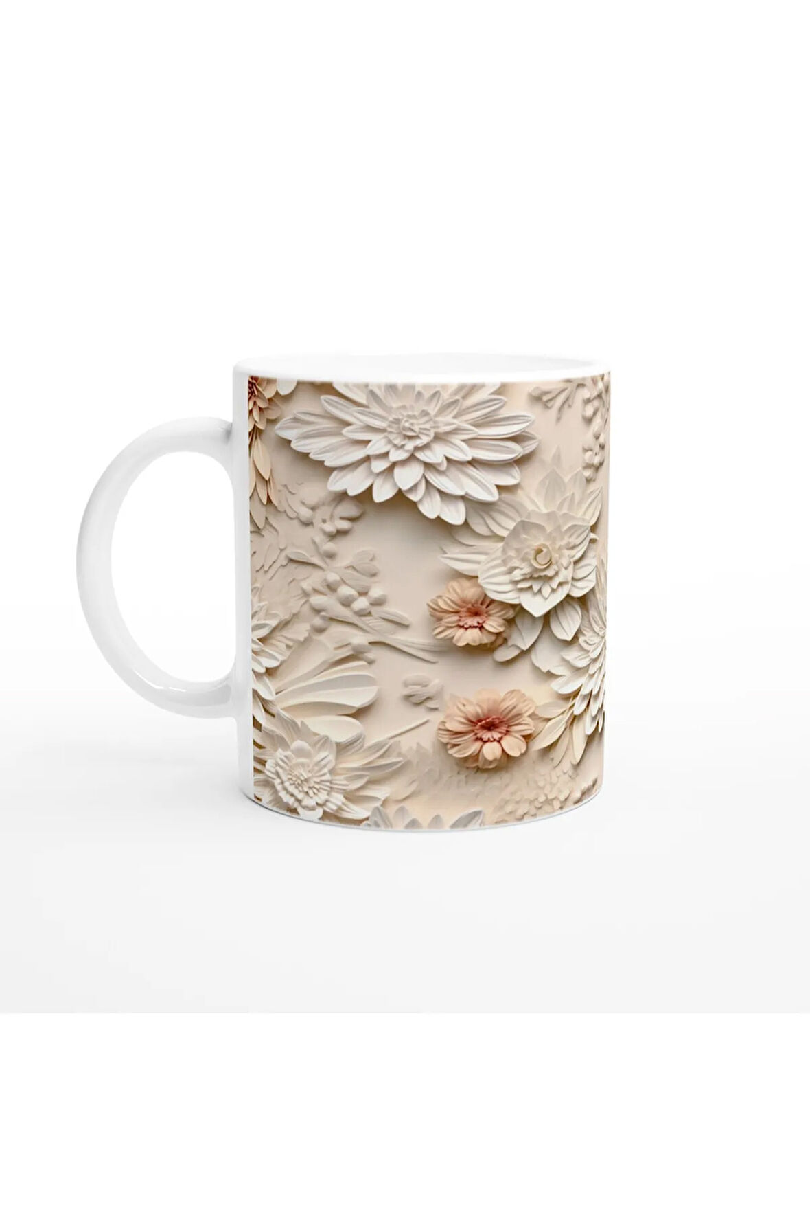 Pudra ve Fildişi Rölyef Çiçekli Kupa Bardak