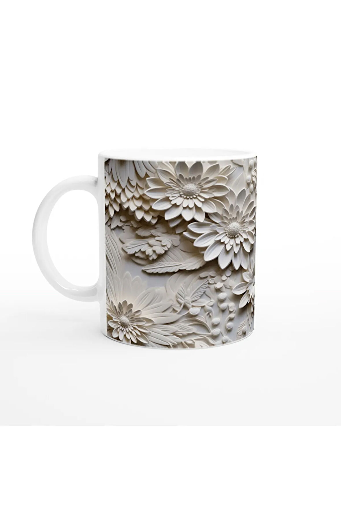 Krem Çiçek Rölyef Detaylı Kupa Bardak