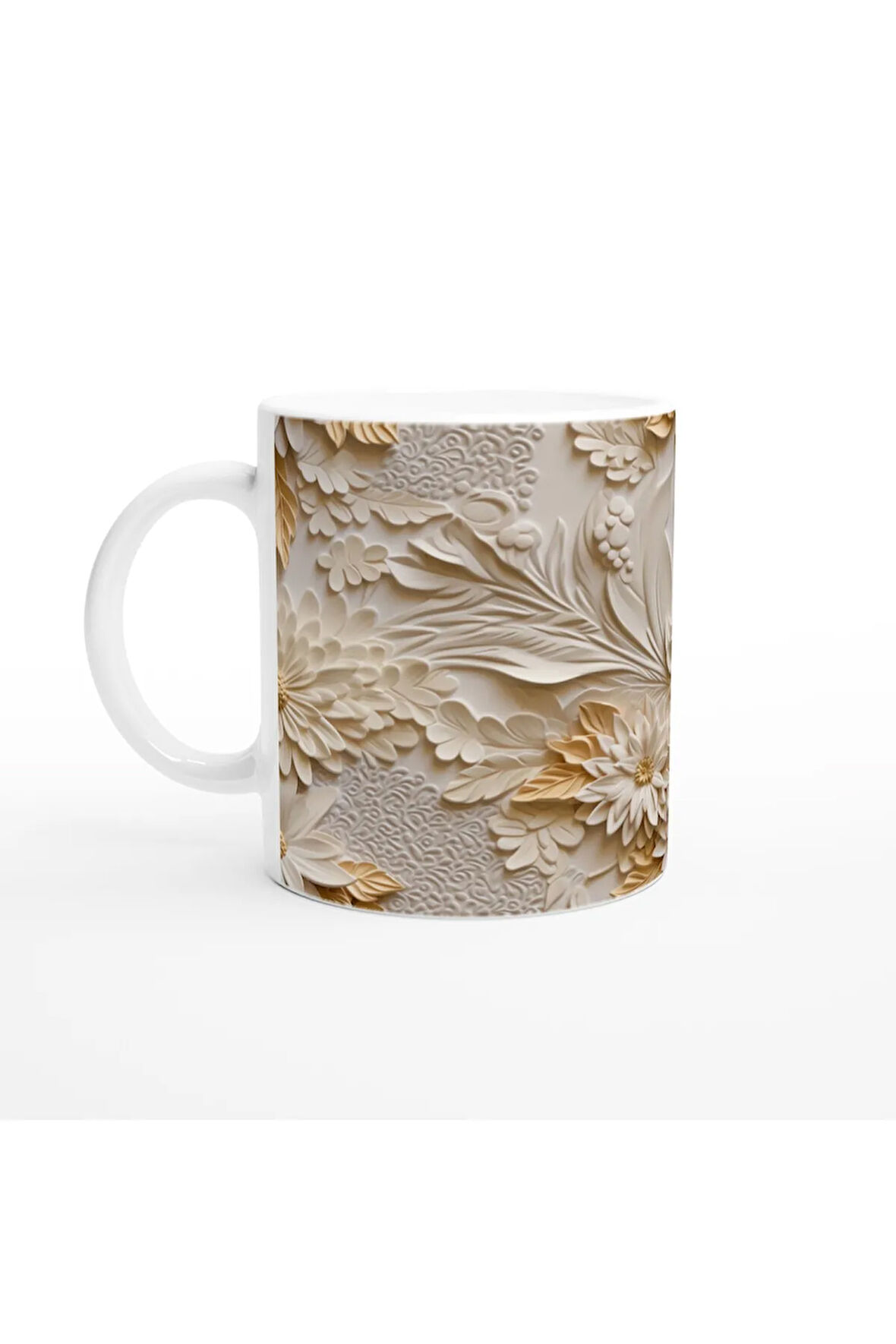 Krem Tonlu Rölyef Çiçek Desenli Kupa Bardak