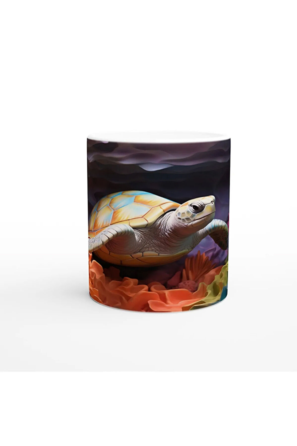 Renkli Mercanlar Arasında Yüzen Deniz Kaplumbağası Su Altı Temalı Kupa Bardak