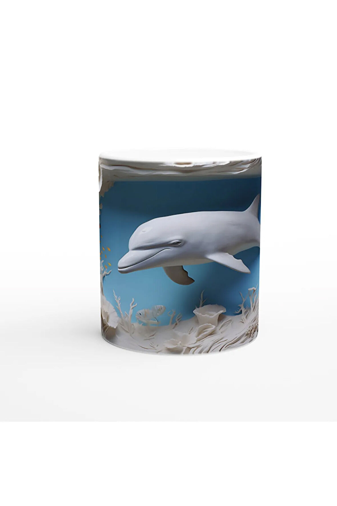 Mercan Ormanında Yüzen Yunus Temalı Su Altı Kupa Bardak