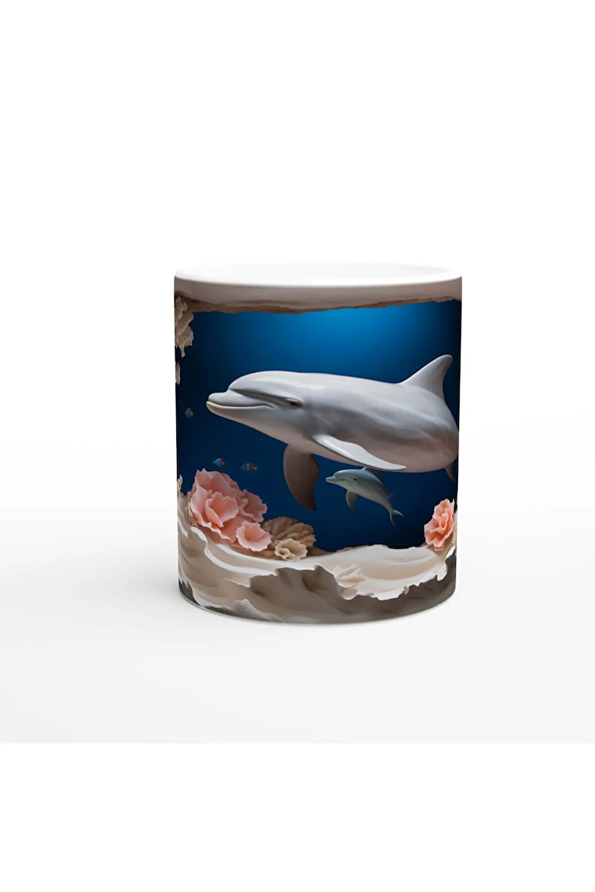 Anne ve Yavru Yunus Desenli Su Altı Temalı Kupa Bardak