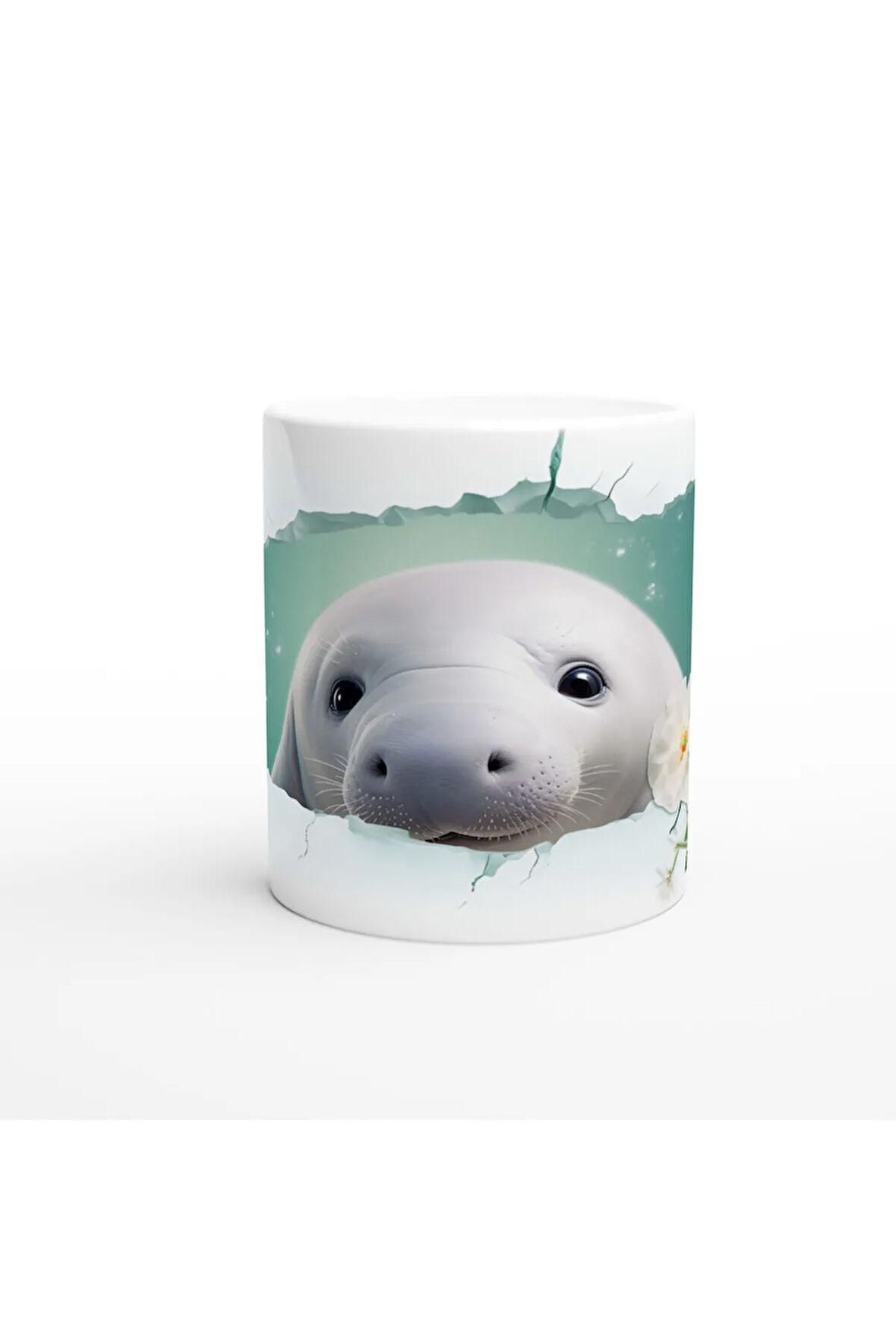 Sevimli Fok ve Çiçek Detaylı Su Altı Temalı Kupa Bardak