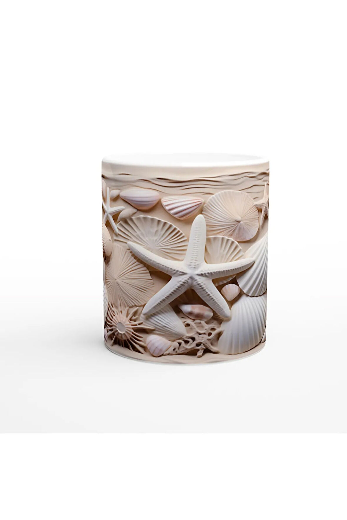 Kum Beji ve Pudra Tonlarında Deniz Kabuğu Desenli Su Altı Temalı Kupa Bardak
