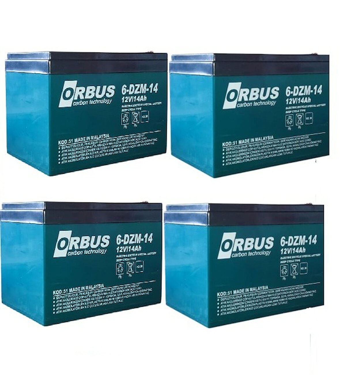 ORBUS 12V 14Amper (12v 14Ah) 4'LÜ PAKET Deep Cycle - Derin Döngülü Elekrikli Bisiklet AKÜ (E-Bike) Aküsü Ebatlar: 150x97x95 