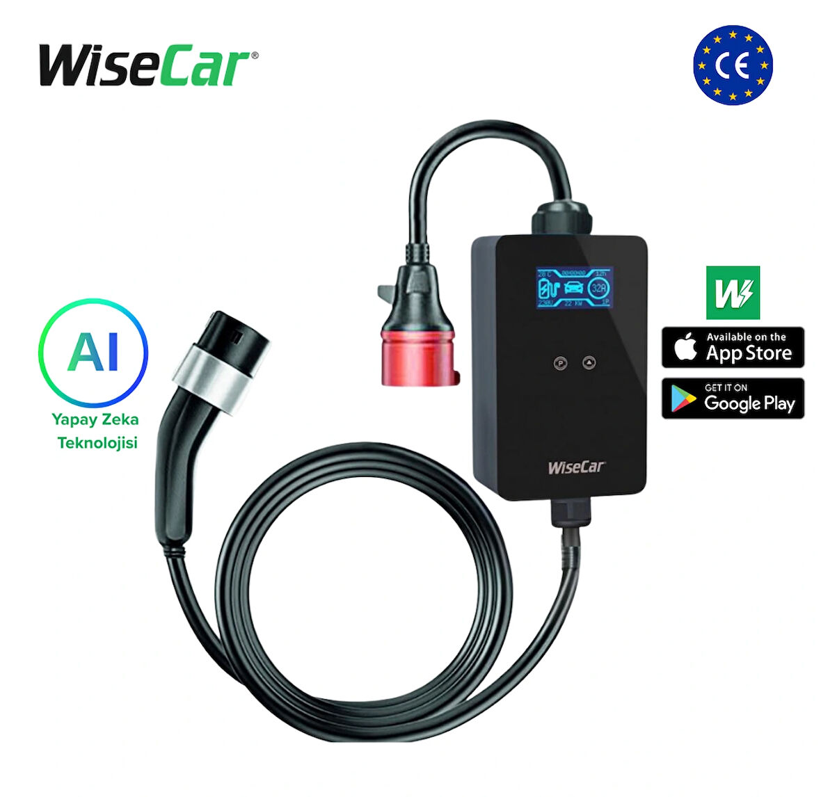 WiseCar WTP3 22 & 11 KW Taşınabilir Yapay Zeka Destekli Akıllı Elektrikli Araç Şarj Cihazı |  Mobil Uygulama & WiseCar AI