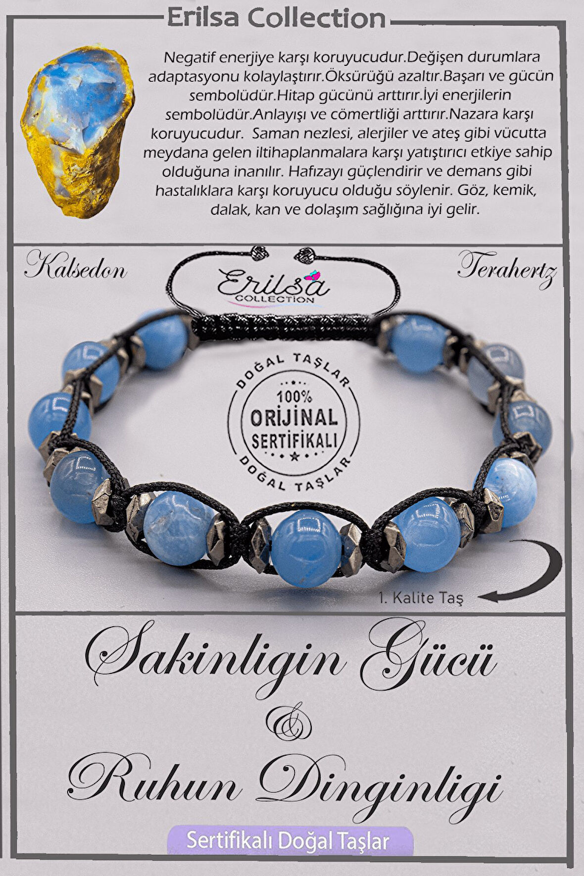 Sertifikalı AAA+ Kalite Doğal Terahertz Mavi Kalsedon Sakinliğin Gücü Ruhun Dinginliği