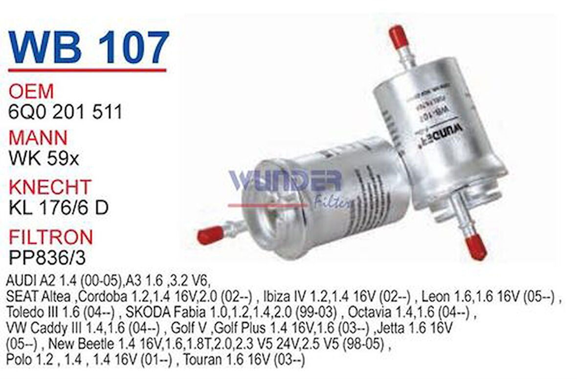 Wunder WB107 Yakıt Filtresi Volkswagen Polo IV-Golf V 3 Girişli Wk59X MRMOEM-1080853
