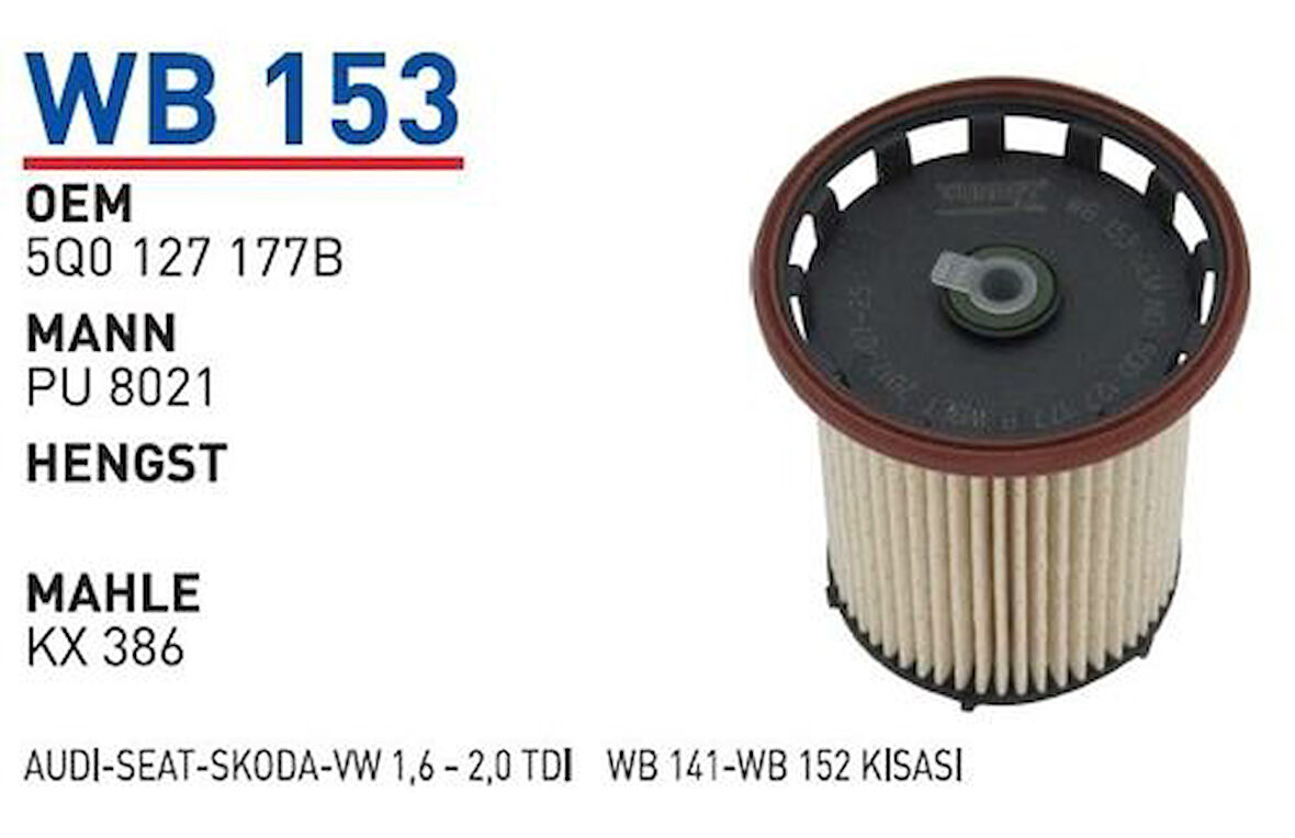 Wunder WB153 Mazot Filtresi Golf VII 13-Passat 14-Tiguan 14- MRMOEM-1081112
