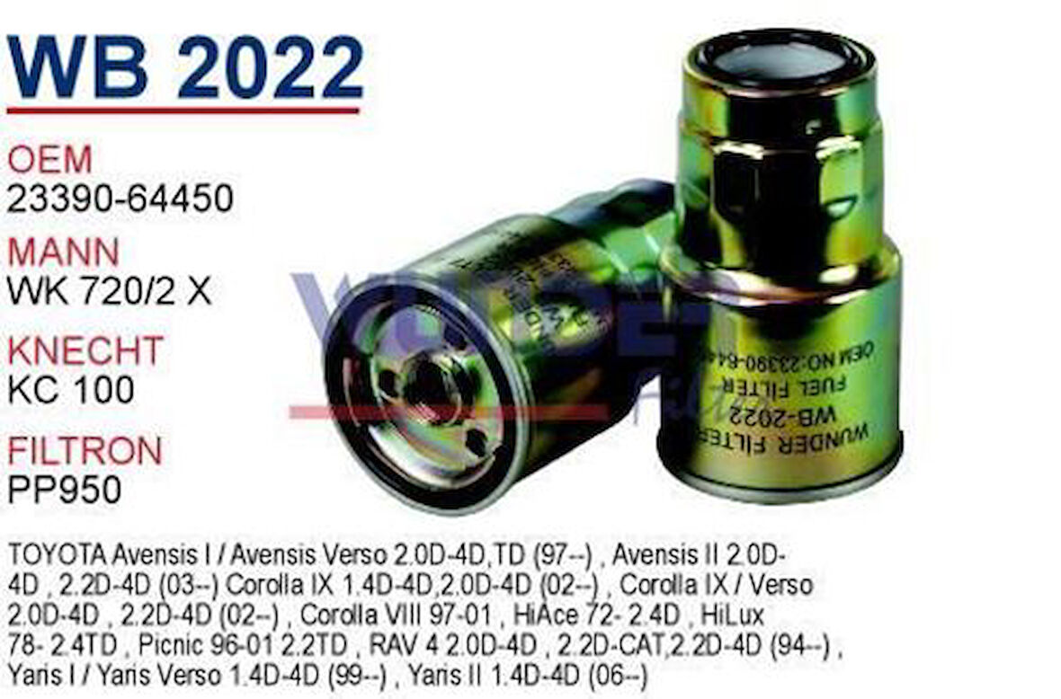 Wunder WB2022 Mazot Filtresi Corolla 03-07 Avensis 03-08 RAV4 01-05 1.4 D4D 2.0 D4D Wk7202X MRMOEM-1081169