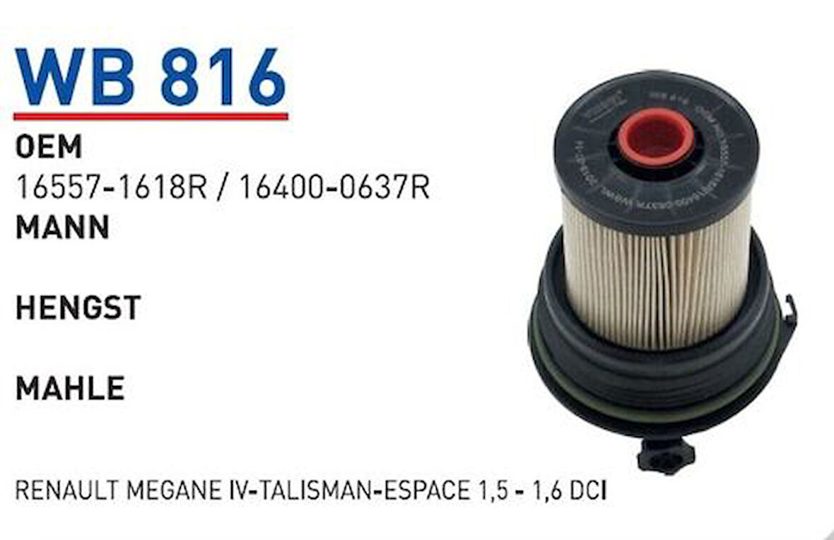 Wunder WB816 Yakıt Filtresi Renault Megane IV-Talisman-Espace 1.5-1.6 DCI 0637R MRMOEM-1081808