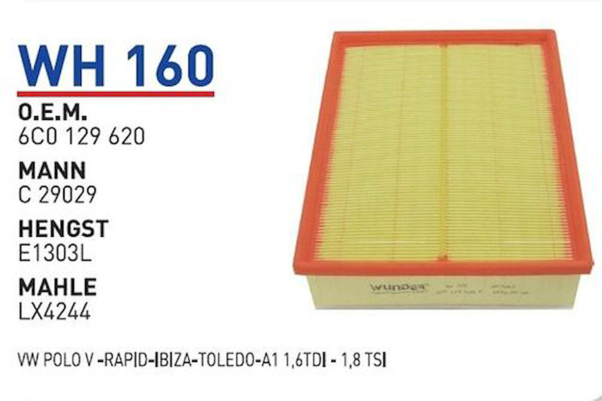 Wunder WH160 Hava Filtresi Volkswagen Polo V-Rapid-Ibiza-Toledo-A1 1.6TDI-1.8 TSI MRMOEM-1082415