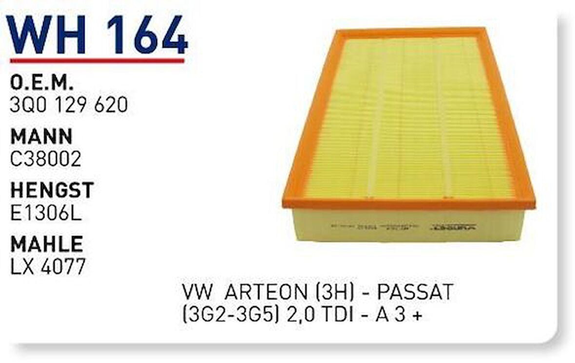 Wunder WH164 Hava Filtresi Volkswagen Arteon (3H) -Passat (3G2-3G5) 2.0 TDI-A 3 + Cabriolet 2.5 TFSI MRMOEM-1082428
