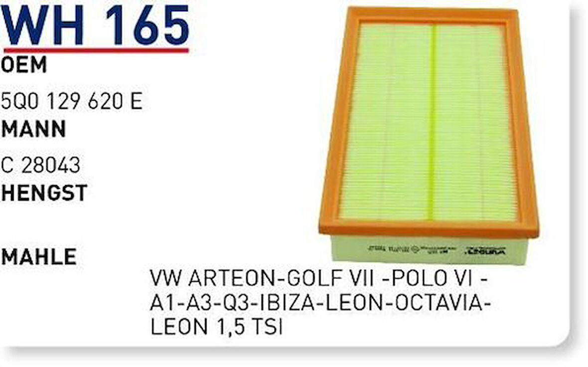 Wunder WH165 Hava Filtresi Volkswagen Arteon-Golf VII-Polo VI-A1-A3-Q3-Ibiza-Leon-Octavia-Leon 1.5 TSI Fn4761 MRMOEM-1082435