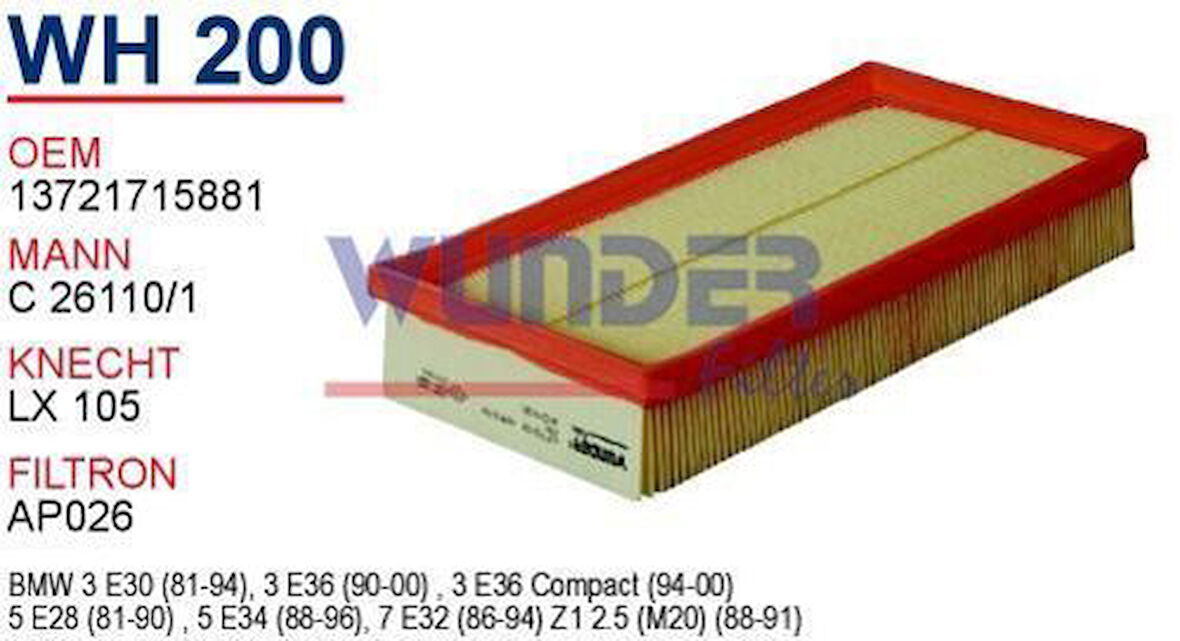 Wunder WH200 Hava Filtresi BMW 3 BMW 5 BMW 7 BMW Z1 316I 318I MRMOEM-1082447