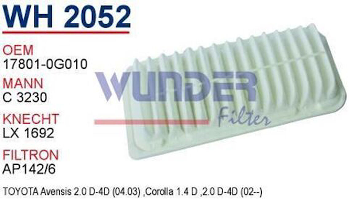 Wunder WH2052 Hava Filtresi Corolla 04-07 17801-0G010 C3220 Avensis Dizel 2.0 4D MRMOEM-1082616