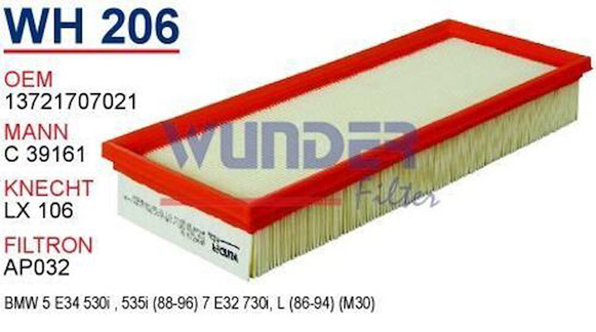Wunder WH206 Hava Filtresi BMW 5 E34 E39 BMW 7 E32 E38 540i 535 MRMOEM-1082663