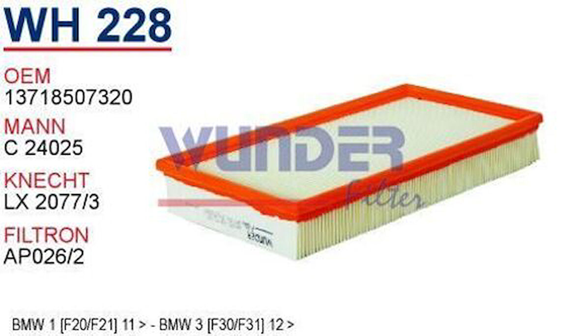 Wunder WH228 Hava Filtresi BMW 1 F20 F21 10-BMW 2 12-BMW 3 Fn3811 MRMOEM-1082854