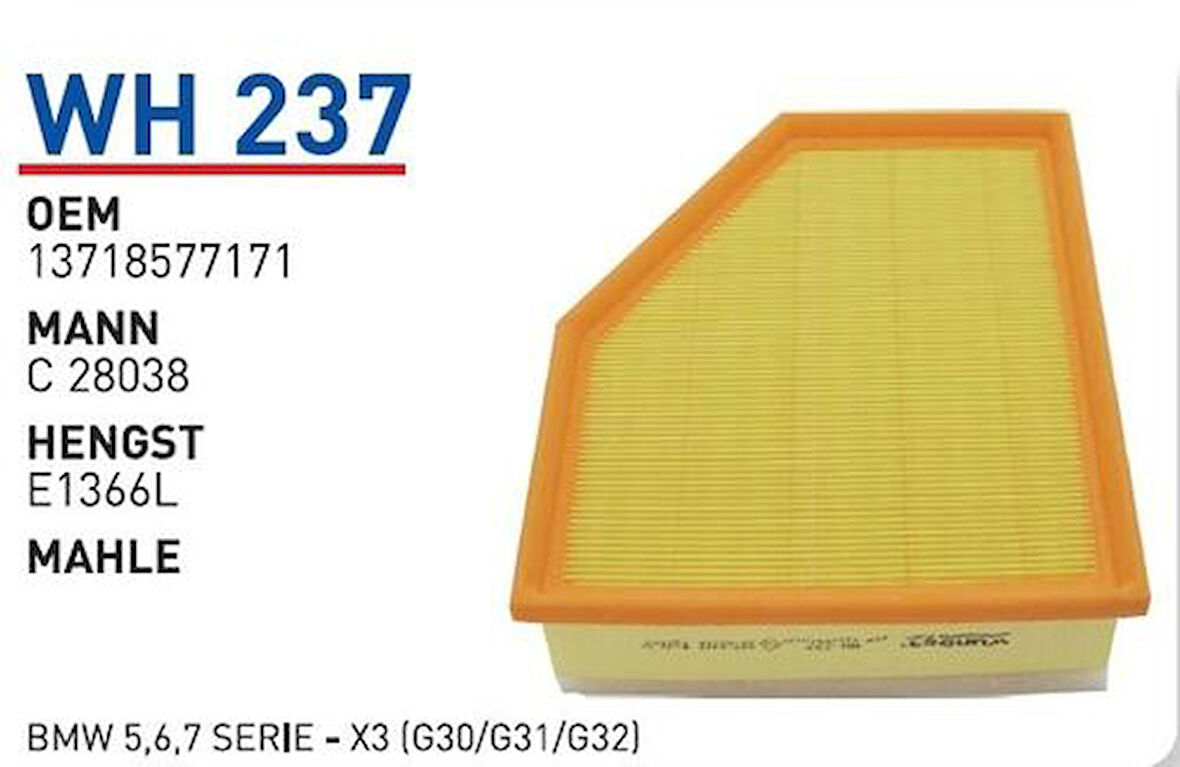 Wunder WH237 Hava Filtresi BMW 5.6.7 Serie-X3 (G30 G31 G32) Fn3839 MRMOEM-1082882