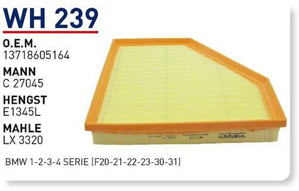Wunder WH239 Hava Filtresi BMW 1-2-3-4 Serie (F20-21-22-23-30-31) Fn3842 MRMOEM-1082886