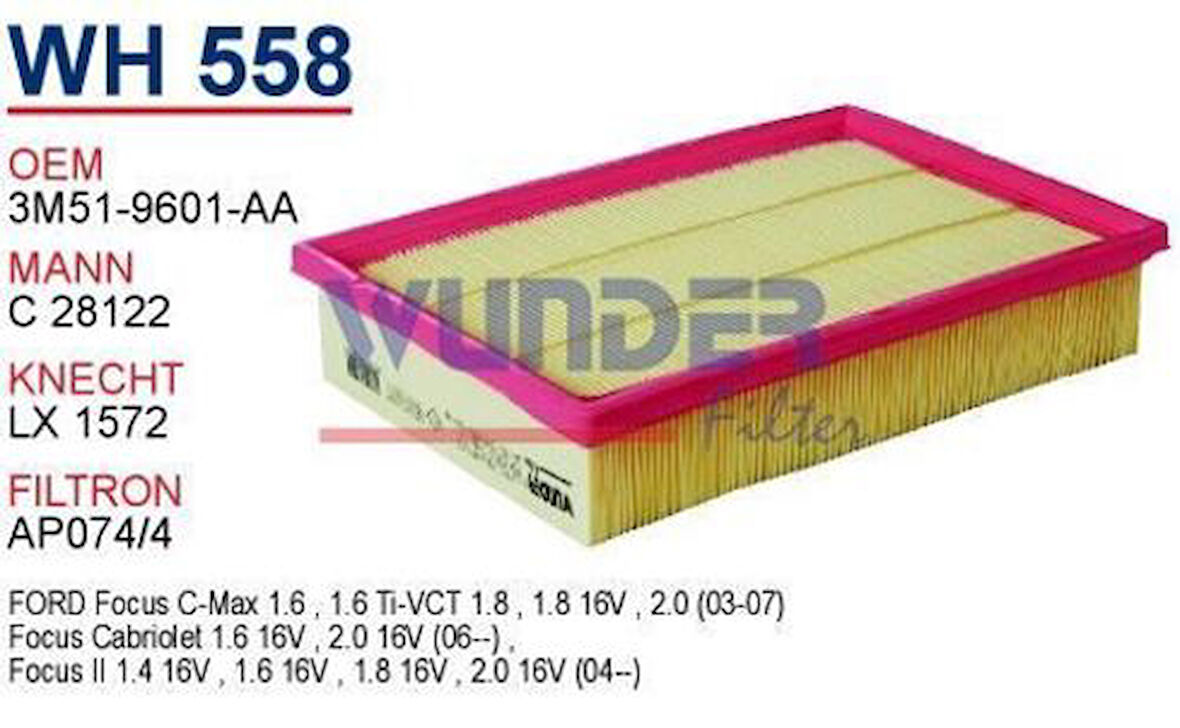 Wunder WH558 Hava Filtresi Ford Focus C-Max 1.6-1.8-2.0 Benzinli MRMOEM-1083339