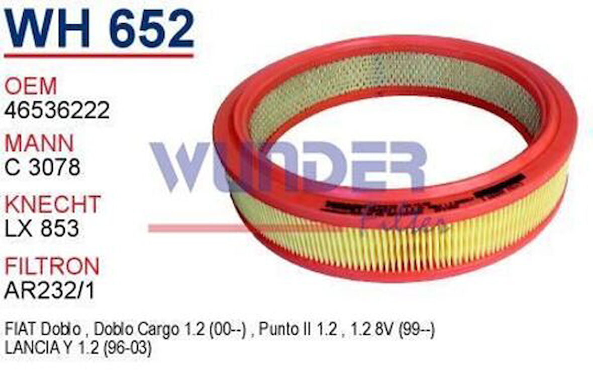 Wunder WH652 Hava Filtresi Fiat Punto II 1.2 99- Doblo 1.2 Benzinli MRMOEM-1083525