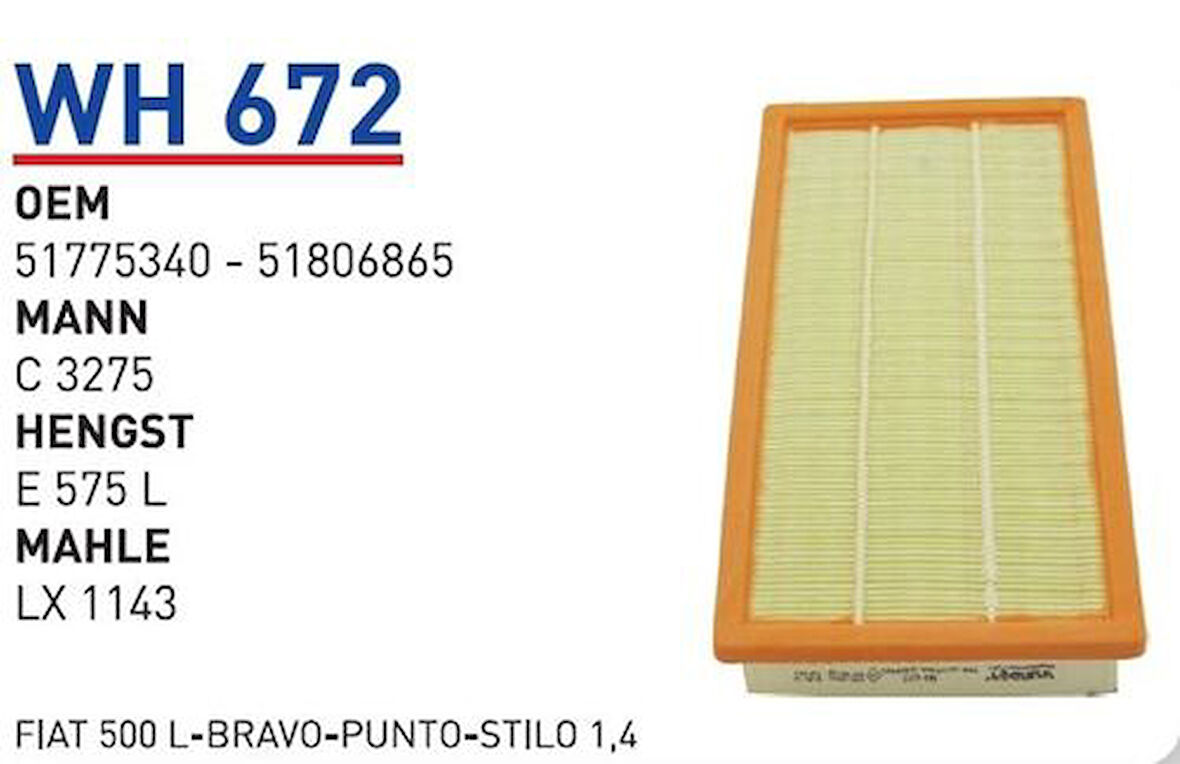 Wunder WH672 Hava Filtresi Alfa Romeo Mito 1.4 Alfa Romeo Mito 1.4 Fiat 500 1.4 Bravo 1.4 Doblo MRMOEM-1083570