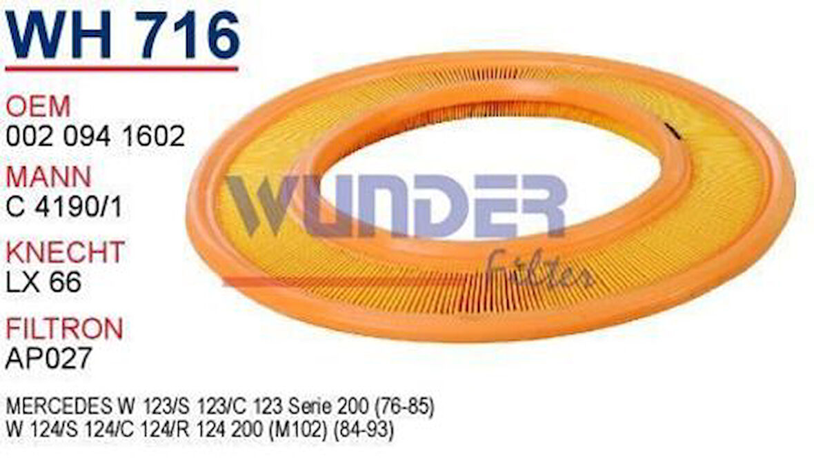 Wunder WH716 Hava Filtresi Mercedes W123 200 80-85 W124 200 85- MRMOEM-1083653