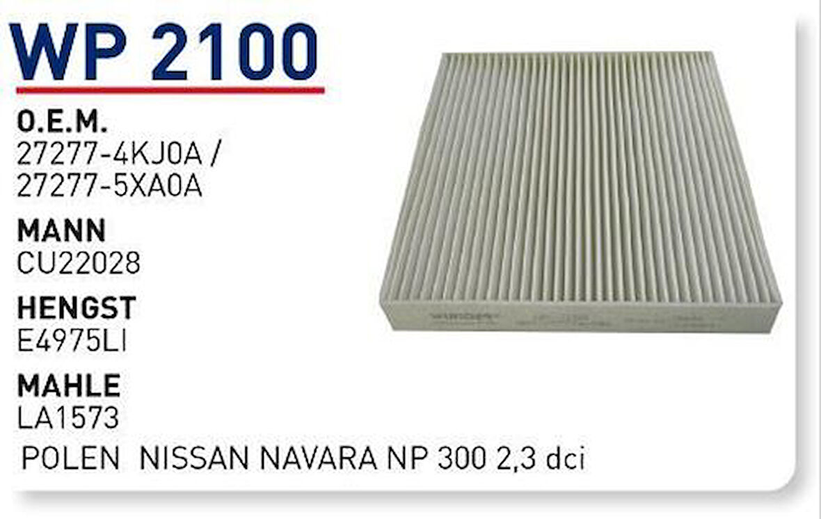 Wunder WP2100 Polen Filtresi Navara 15 X Class 16-Fn7209 Cu22028 Mercedes-Benz X-Serisi W470-Nissan MRMOEM-1084413
