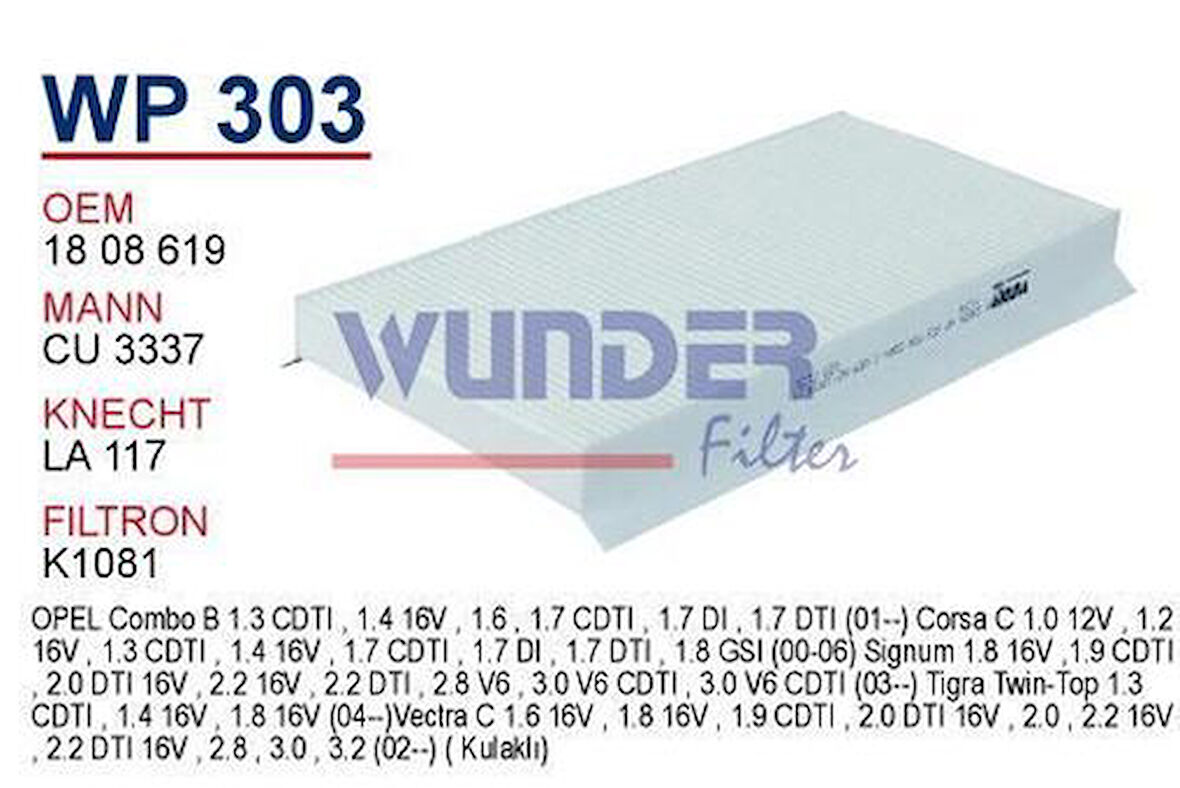 Wunder WP303 Polen Filtresi Opel Corsa C-Vectra C Cu3337 MRMOEM-1084456