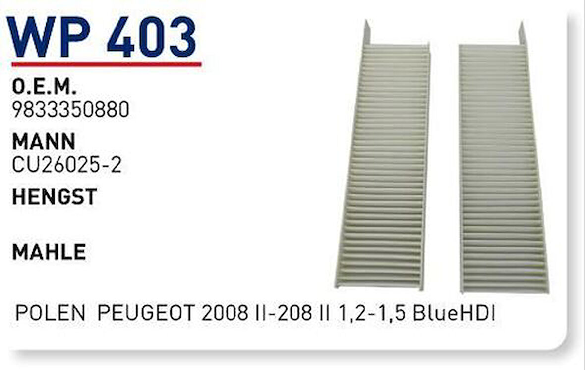 Wunder WP403 Polen Filtresi Peugeot 2008 II-208 II 1.2-1.5 Blue HDI Fn8422 MRMOEM-1084512
