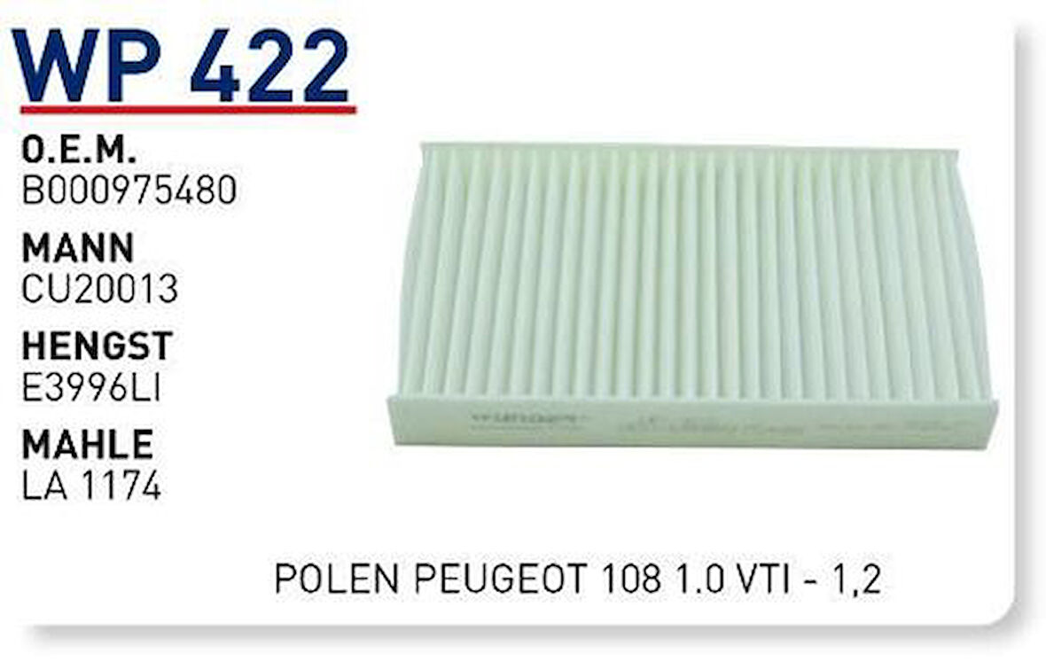 Wunder WP422 Polen Filtresi Peugeot 108 1.0 VTI-1.2 Fn8421 MRMOEM-1084543