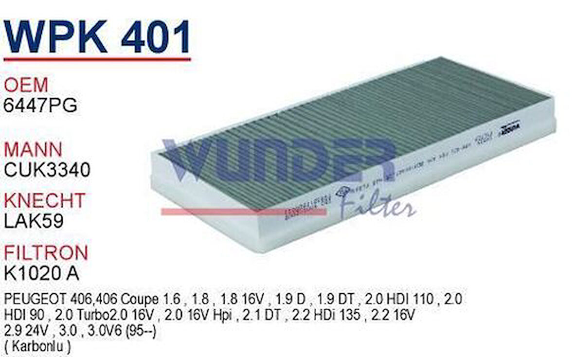 Wunder WPK401 Peugeot 406 Polen Filtresi Karbonlu MRMOEM-1085113