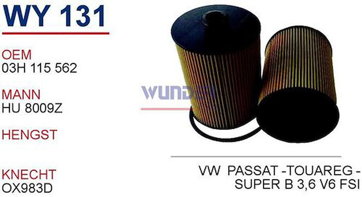 Wunder WY131 Yağ Filtresi Volkswagen Passat (36-357) 3.6 FSI 10=-Volkswagen Touareg-Skoda-Superb Fn20159 MRMOEM-1085545